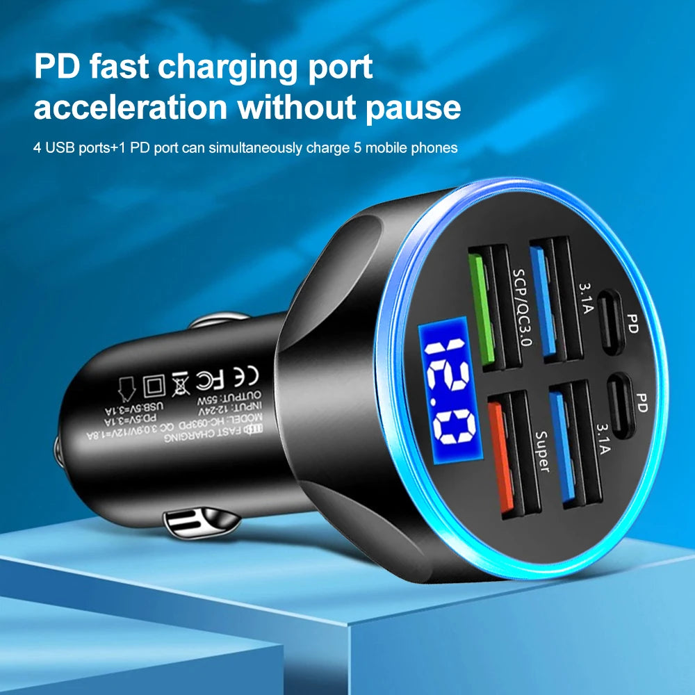 250W PD Car Charger QC3.0 Fast Charge One to Six Car Cigarette Lighter Plug 5 Port Car Charger Flash Charge with Digital Display