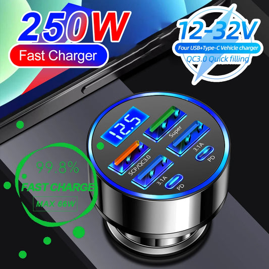 250W PD Car Charger QC3.0 Fast Charge One to Six Car Cigarette Lighter Plug 5 Port Car Charger Flash Charge with Digital Display