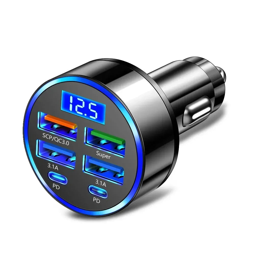 250W PD Car Charger QC3.0 Fast Charge One to Six Car Cigarette Lighter Plug 5 Port Car Charger Flash Charge with Digital Display