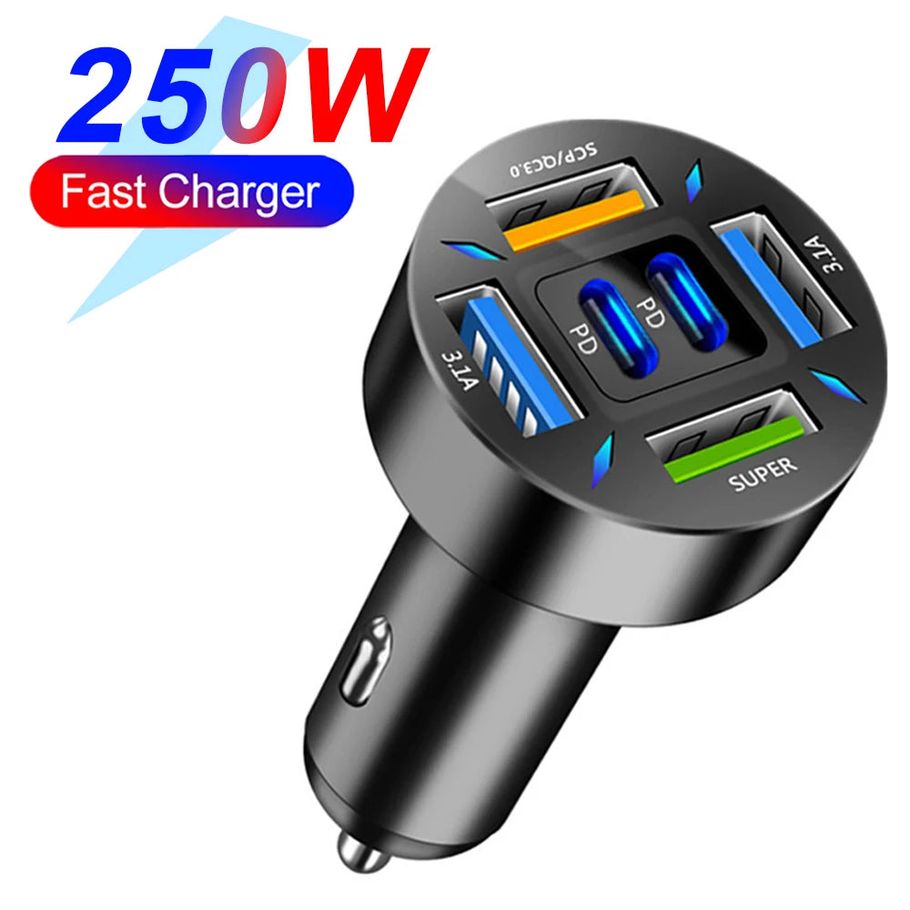 250W PD Car Charger QC3.0 Fast Charge One to Six Car Cigarette Lighter Plug 5 Port Car Charger Flash Charge with Digital Display