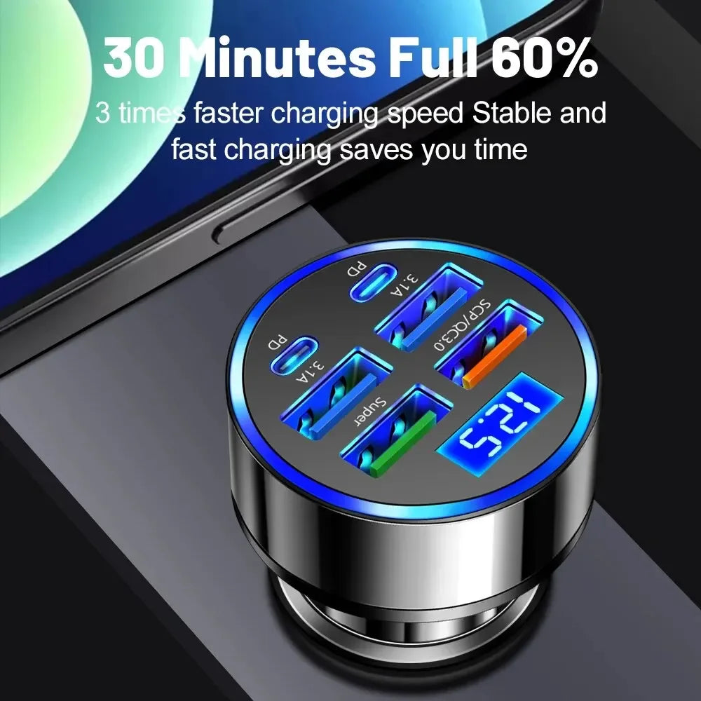 250W PD Car Charger QC3.0 Fast Charge One to Six Car Cigarette Lighter Plug 5 Port Car Charger Flash Charge with Digital Display